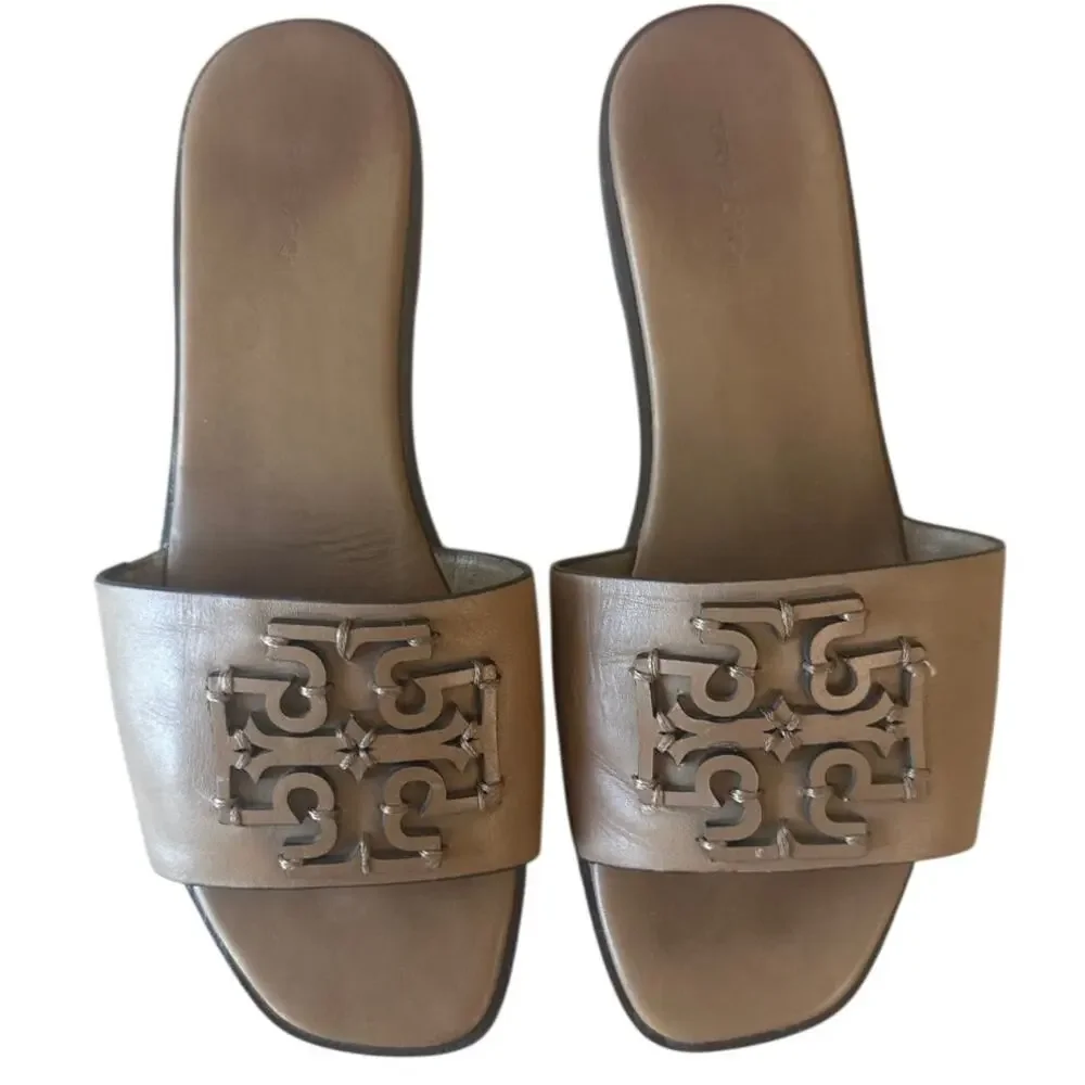 Tory Burch Ines Leather Slides Almond Beige Sandals 9
